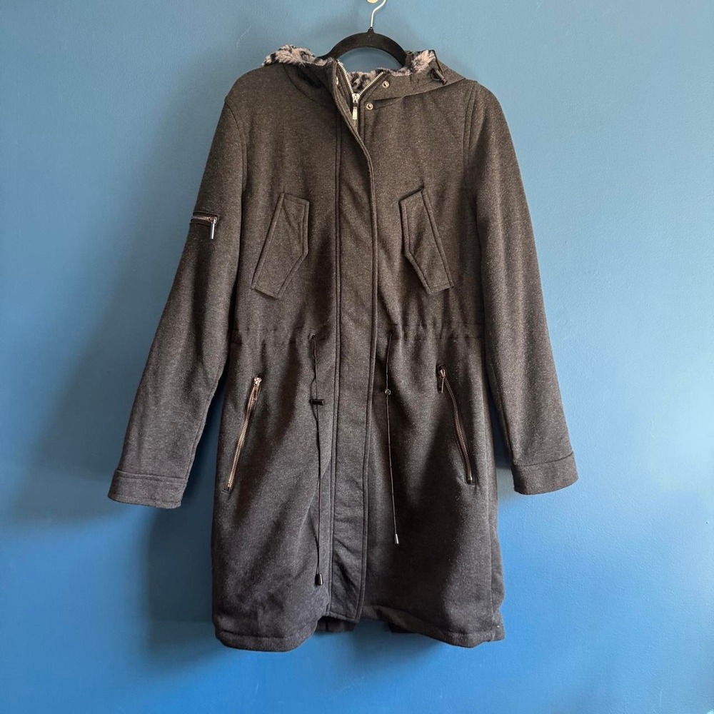 Y2K Gray Trench Coat Women's Size Large Yoki Faux Fur Hooded Jacket Parka Skater
